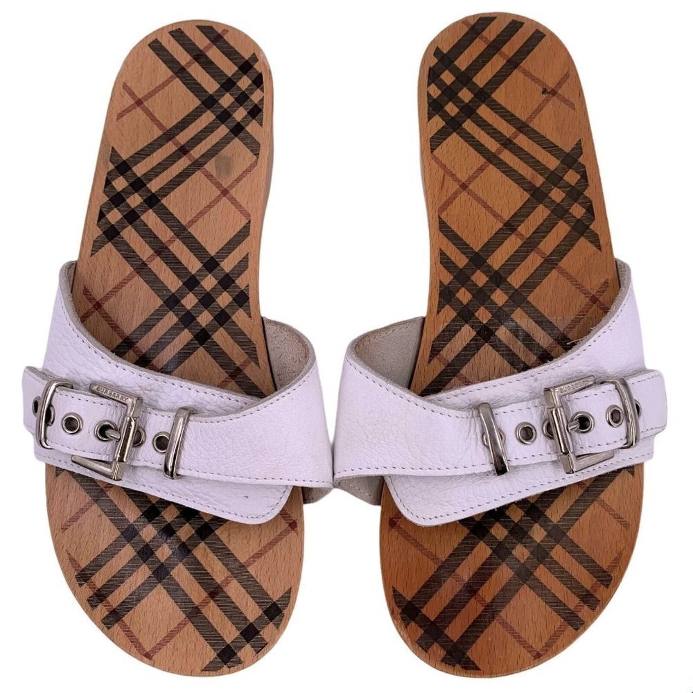 BURBERRY White Leather Nova Check Wood Slide Sandals Size 39 Wedge